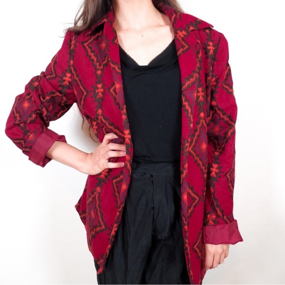 Kasper Red Southwestern Aztec Print Linen Rayon Blend Open Front Blazer Size 14 - Picture 6 of 14